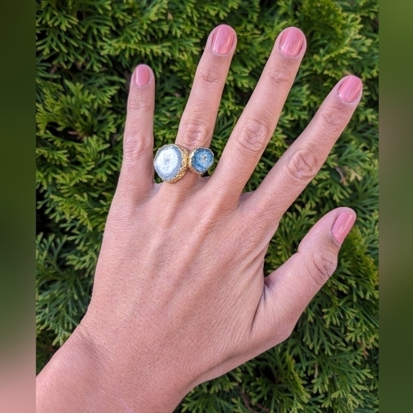 Artisan Jewelry - Artisan Handmade In Morocco Adjustable Blue Double Geode Gold Ring Size 8